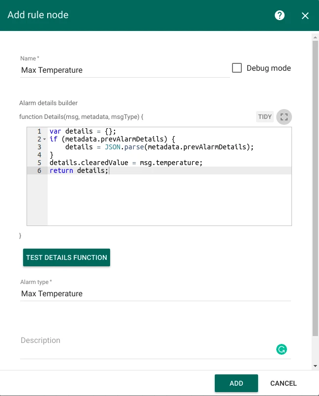 Clear alarm node configuration