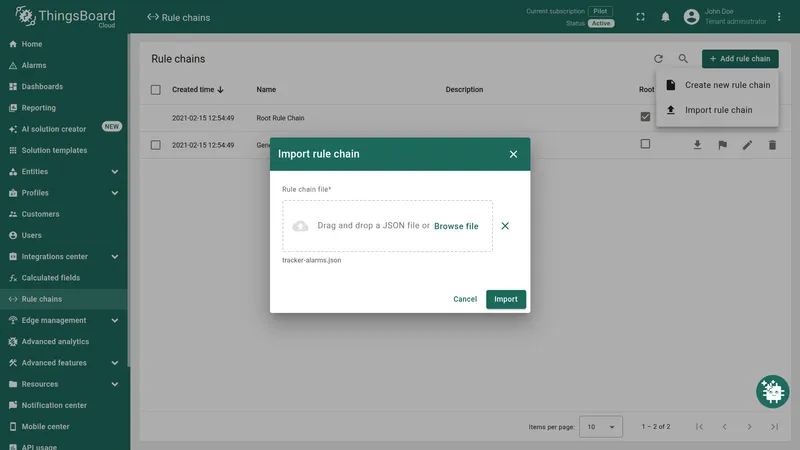 Import rule chain dialog in ThingsBoard
