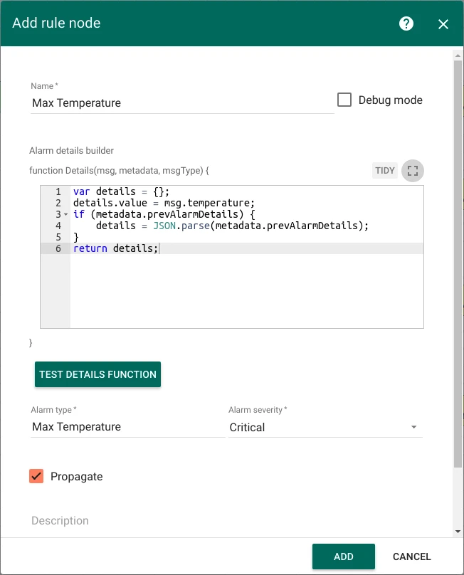 Create alarm node configuration