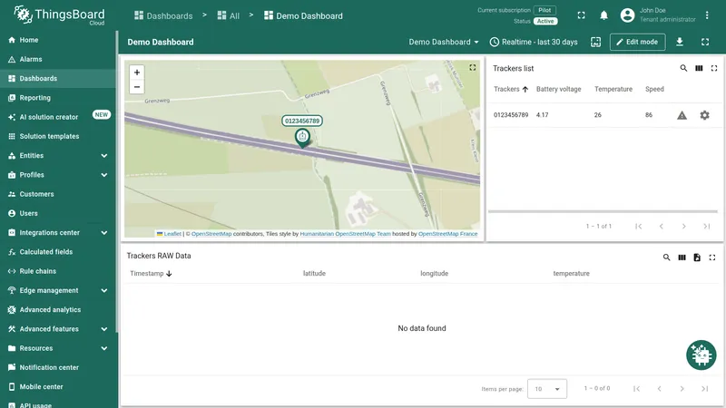 Imported dashboard with map and tracker data widgets