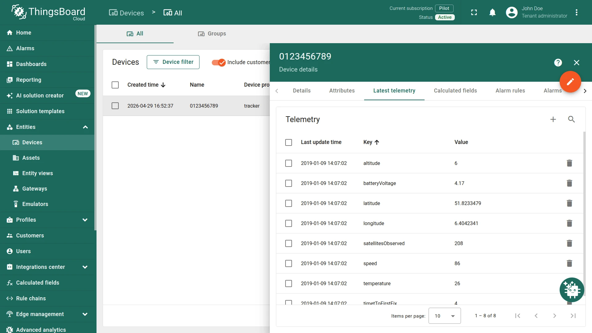 Device details page showing latest telemetry values such as altitude, batteryVoltage, latitude, and longitude