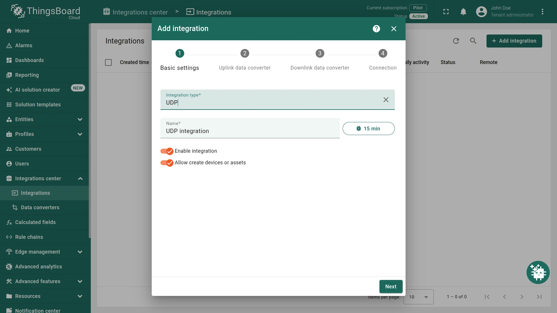 Add integration — Basic settings with Integration type UDP