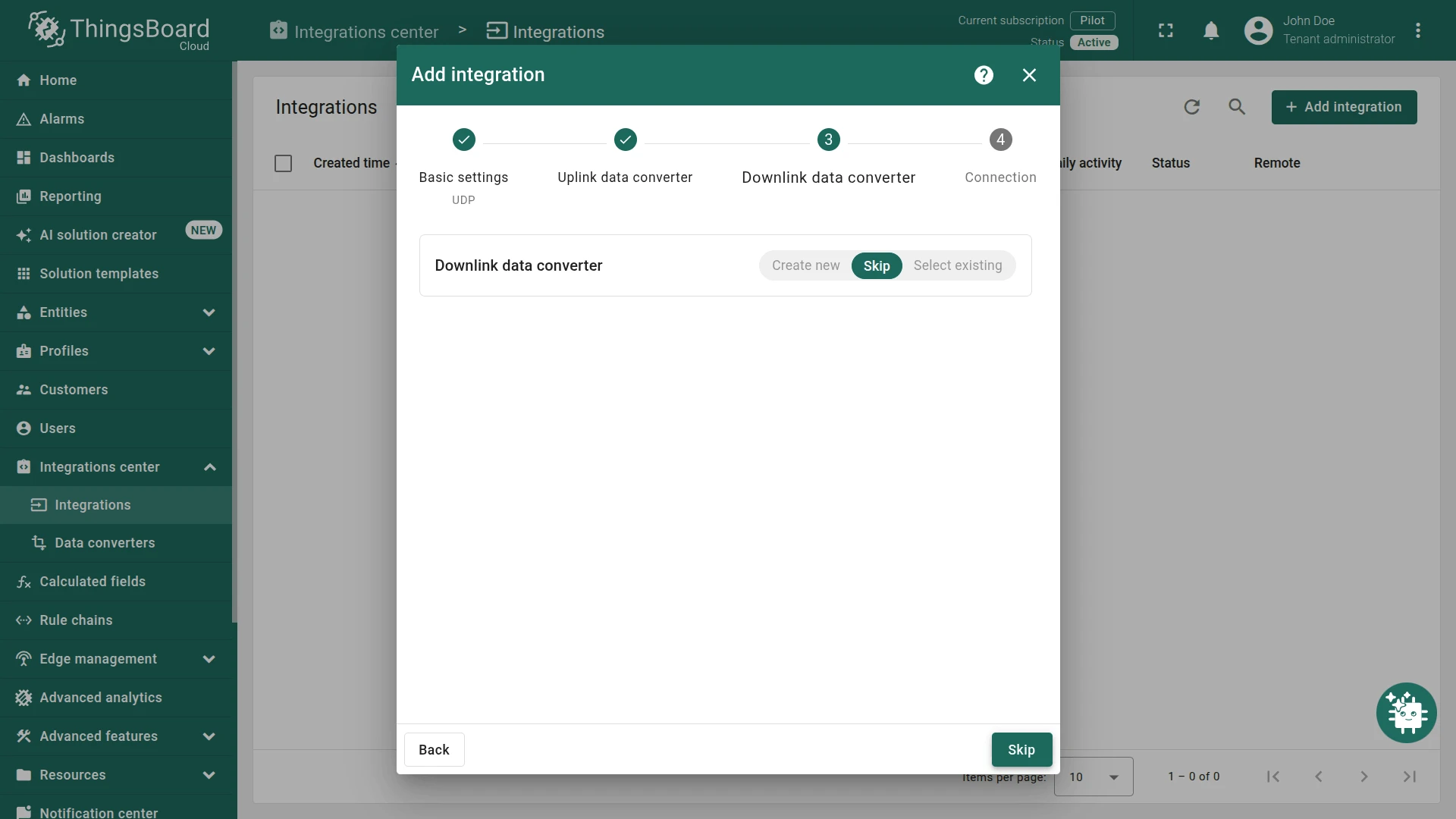 Add integration — Downlink data converter step, Skip selected