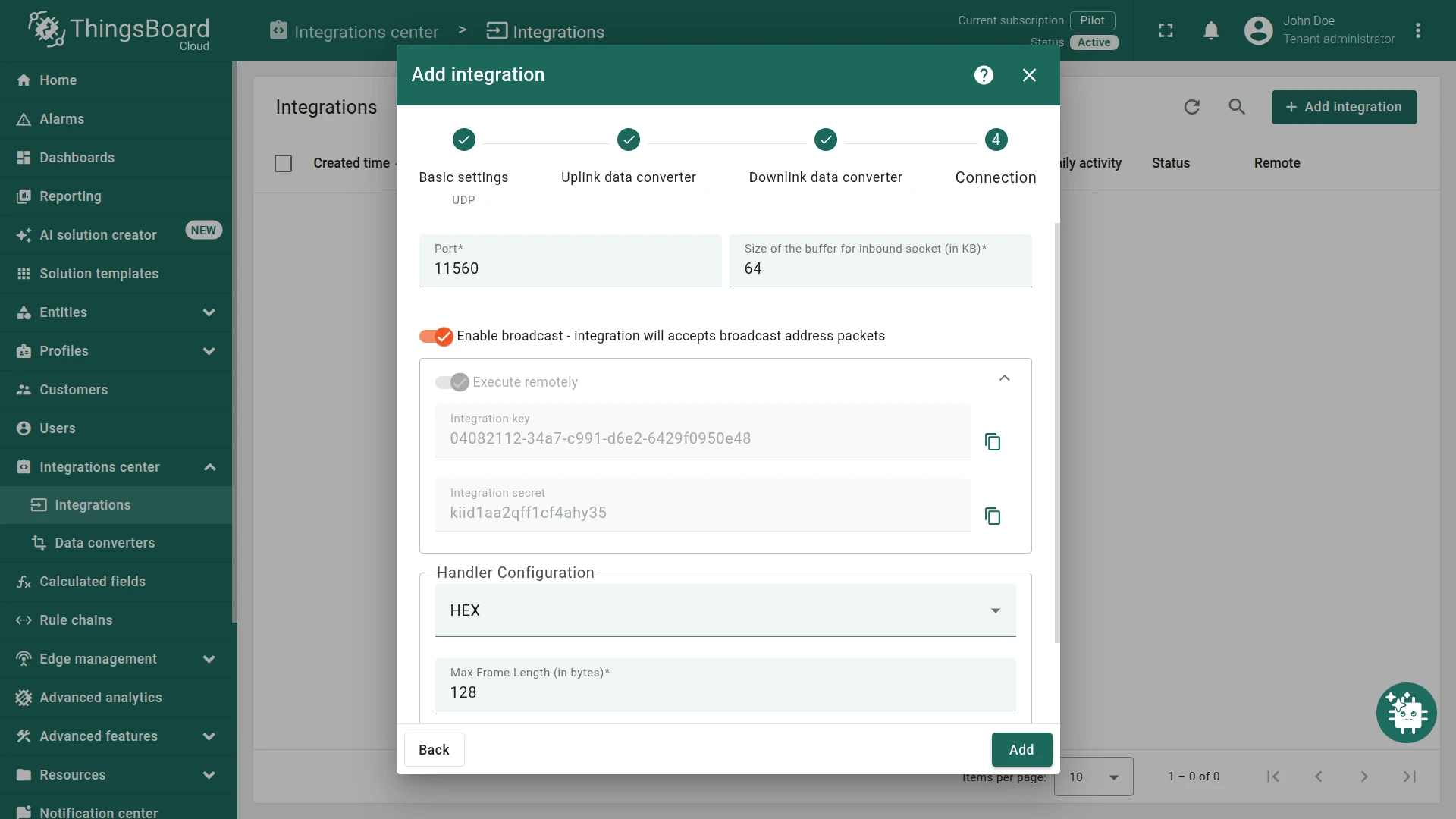 Add integration — Connection settings with port, broadcast, and HEX handler