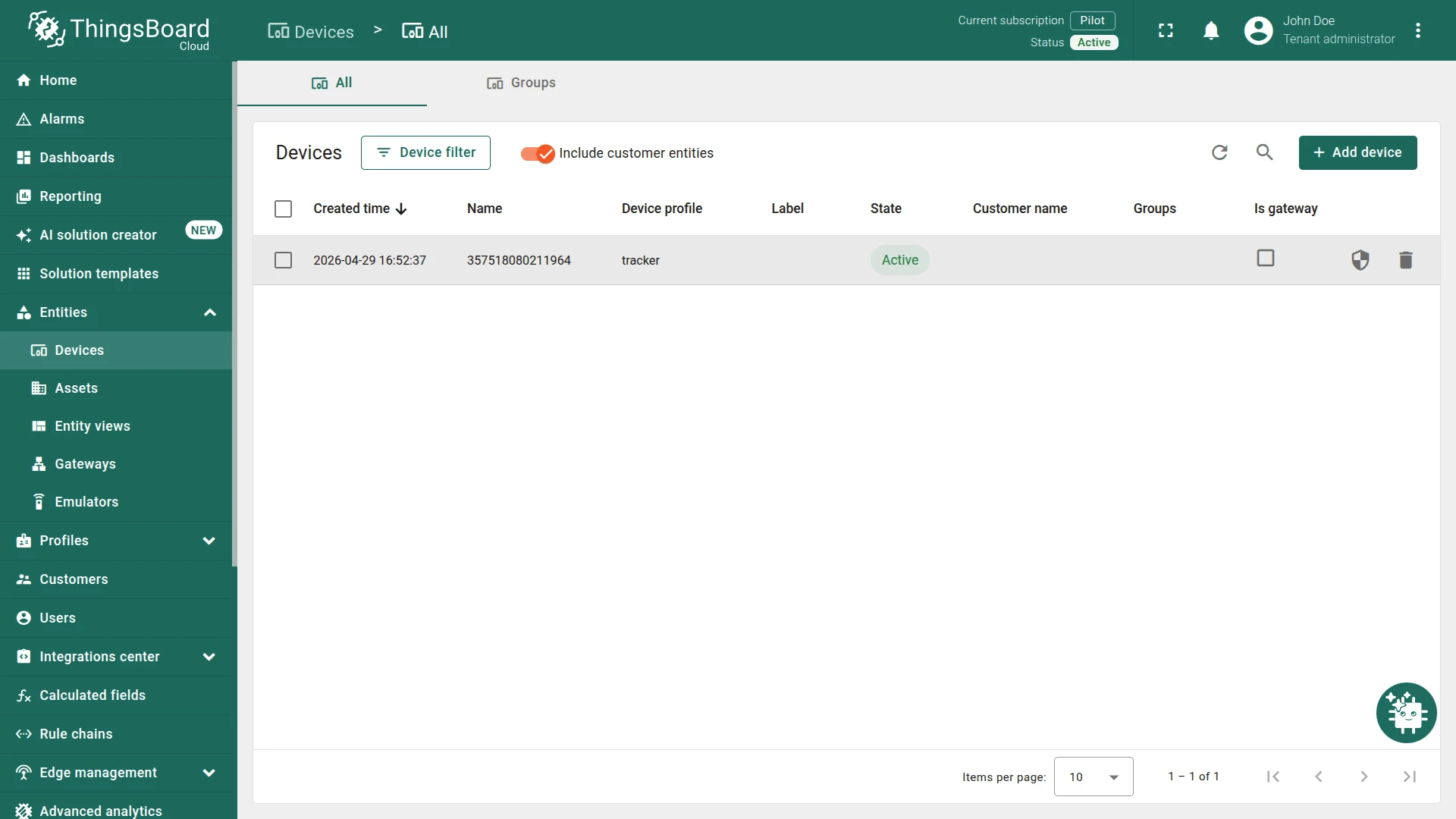 Device created after posting test UDP payload