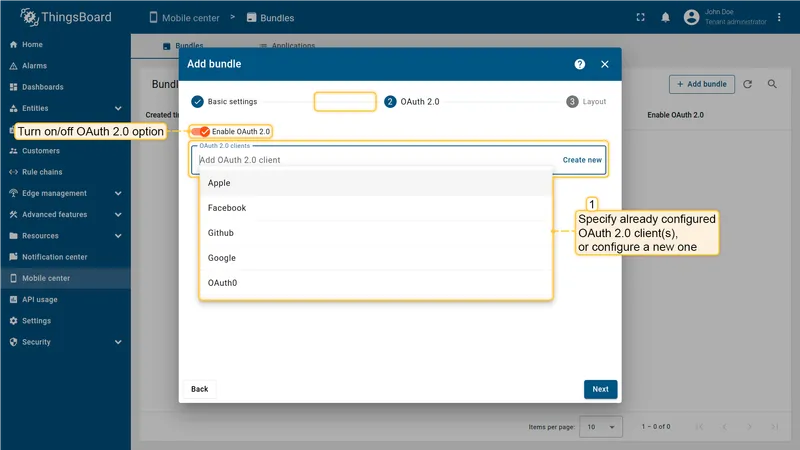 OAuth 2.0 step showing an empty client selector and disable OAuth toggle
