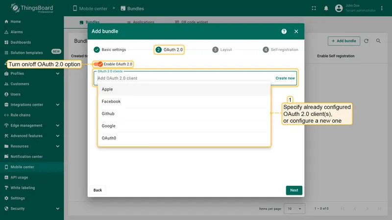 OAuth 2.0 step showing an empty client selector and disable OAuth toggle