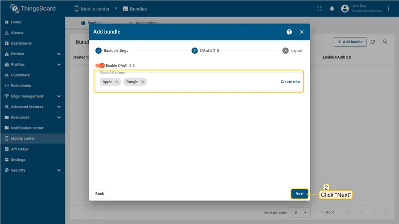 OAuth 2.0 step with a client configured and selected