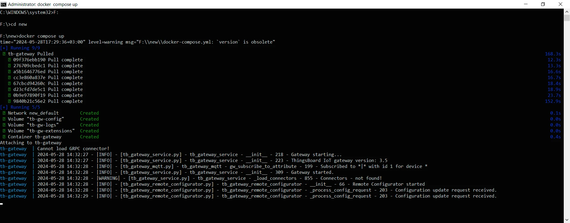 Command prompt showing the Gateway starting up on Windows