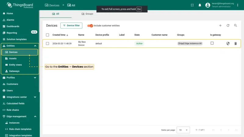 Devices section in ThingsBoard account showing the device created on Edge