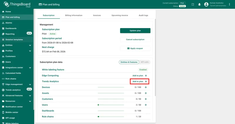 Click Add to plan for Trendz Analytics