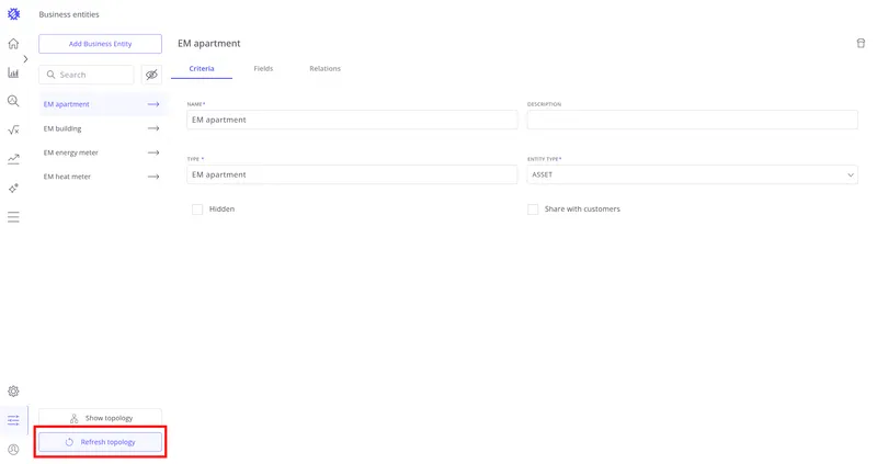 Refresh Topology button in the Business Entities panel