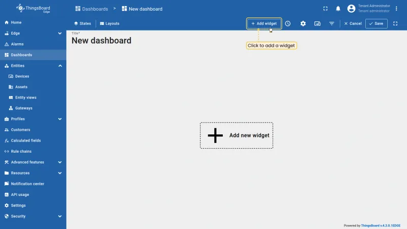 New dashboard in edit mode with Add widget button