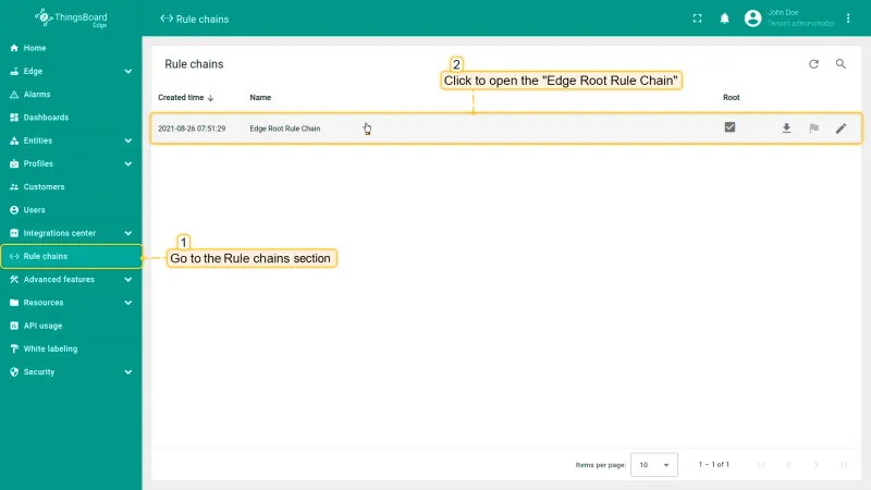 Edge Root Rule Chain with Push to Cloud node highlighted