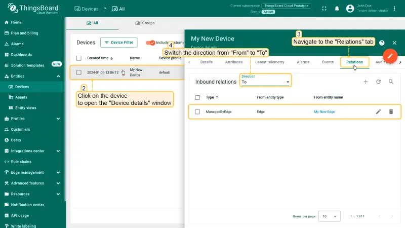Relations tab on sensor-01 showing the Edge instance relationship