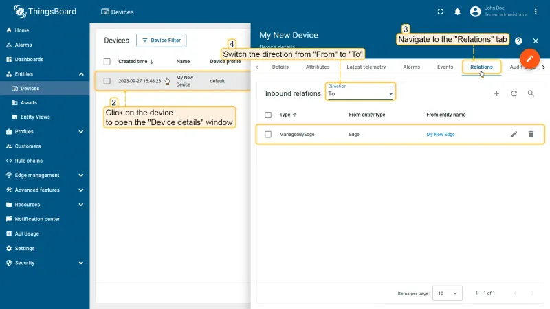 Relations tab on sensor-01 showing the Edge instance relationship