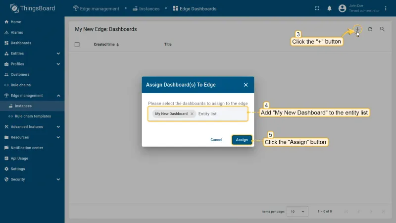 Dashboard assignment dialog showing available dashboards