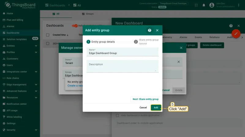 Manage owner and groups dialog with Add button