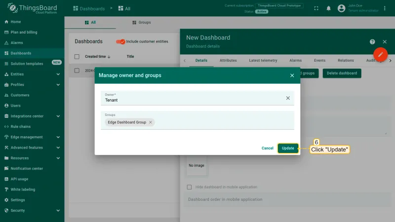 Manage owner and groups dialog with Update button