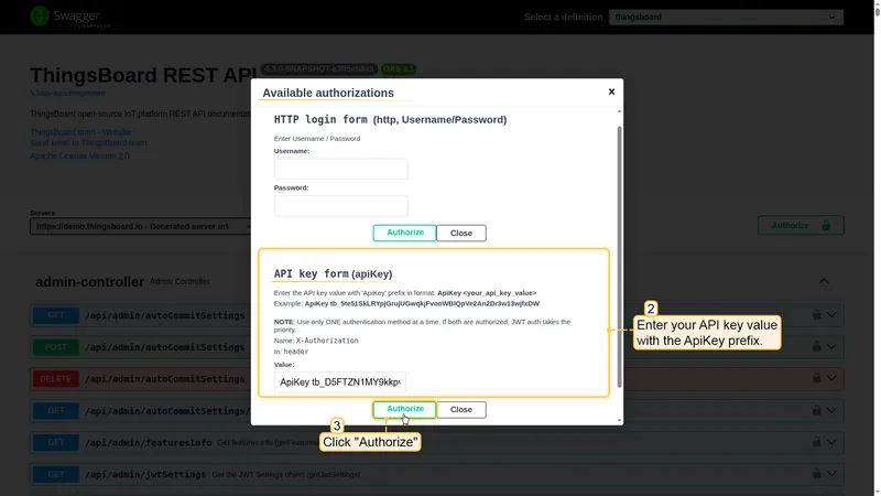 Enter API key in Swagger UI