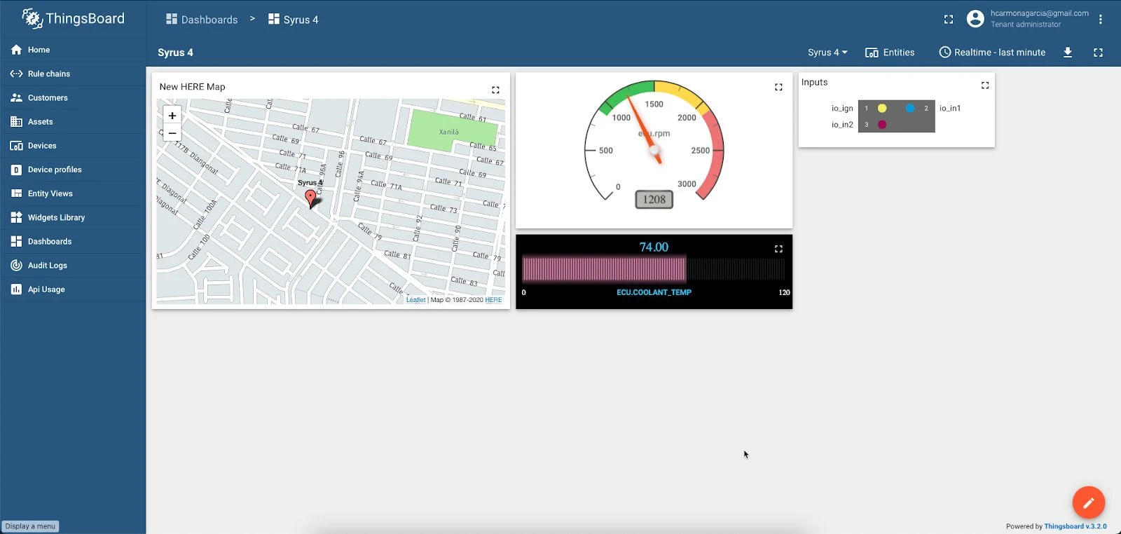 ThingsBoard dashboard displaying Syrus 4 telematics data