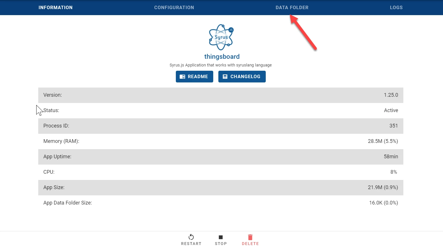 Data Folder tab in the SyrusJS instance view