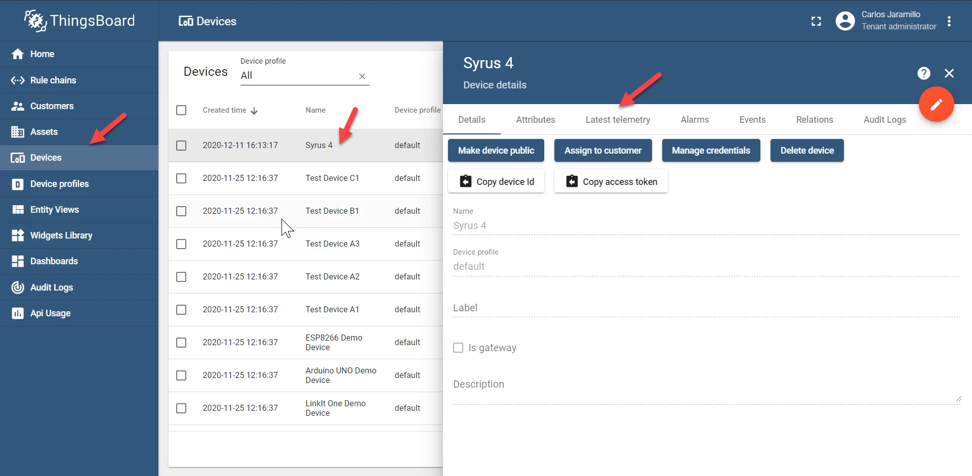 ThingsBoard device Latest telemetry tab with Syrus 4 data