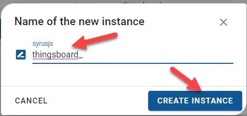 Create Instance dialog with name field