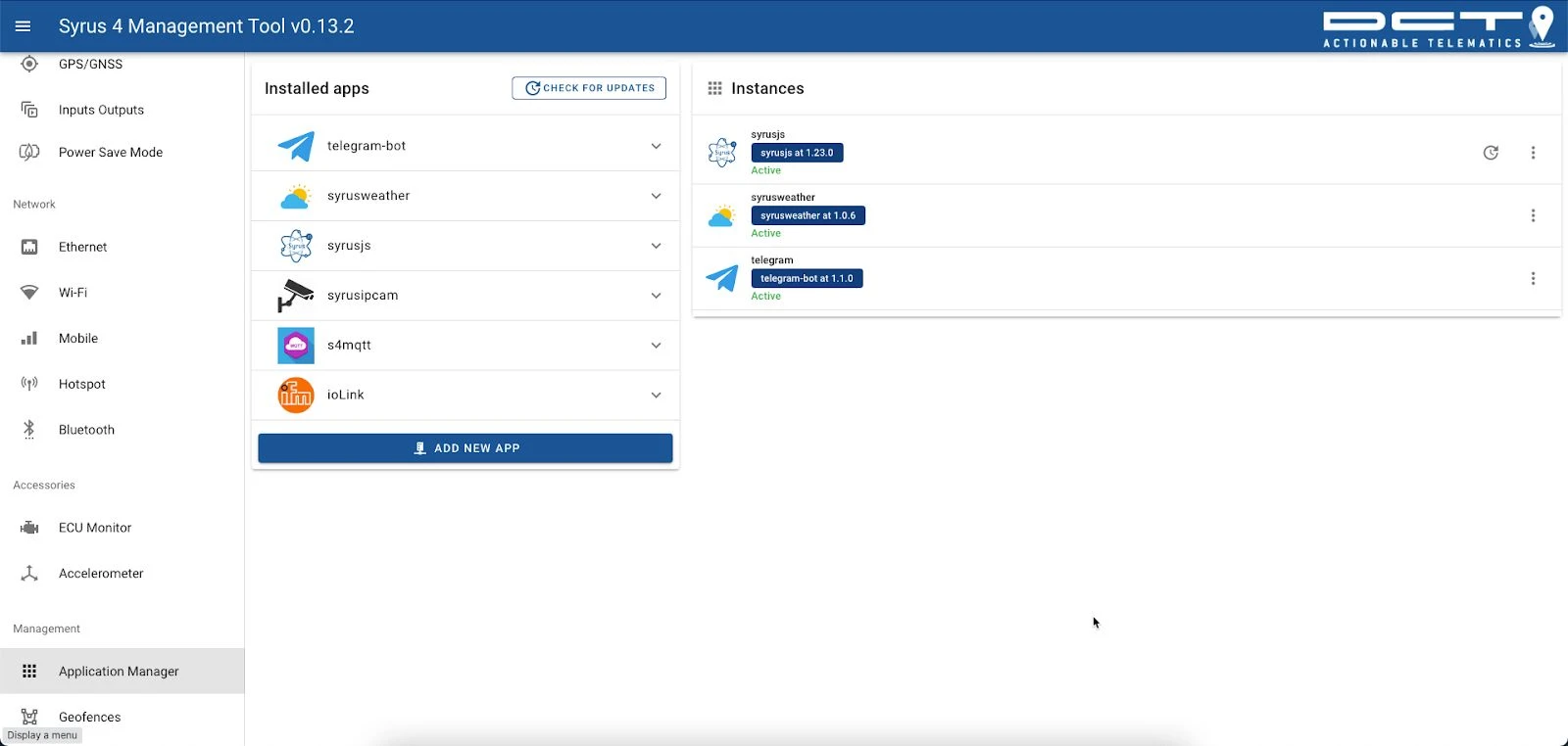 Applications Manager showing SyrusJS at the latest version