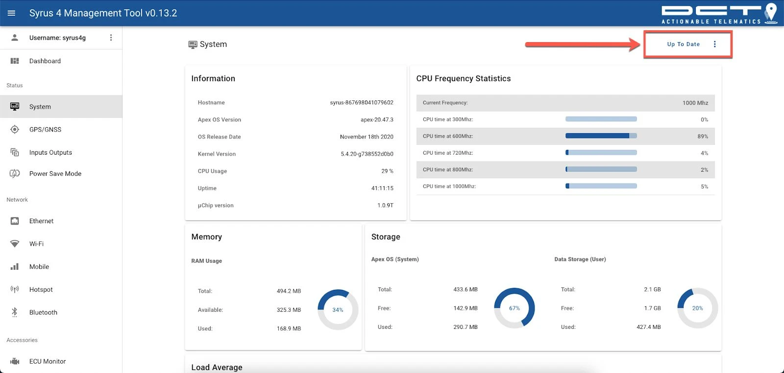 Management Tool System page showing Apex OS version