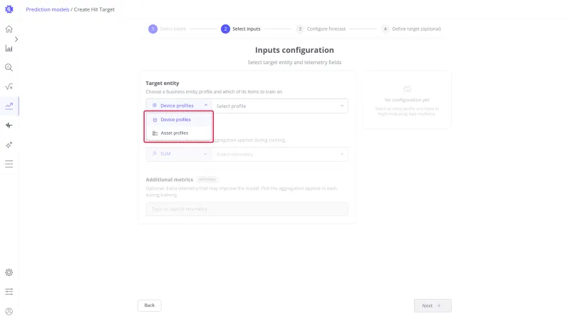 Inputs configuration step with the entity type dropdown open showing Device profiles and Asset profiles
