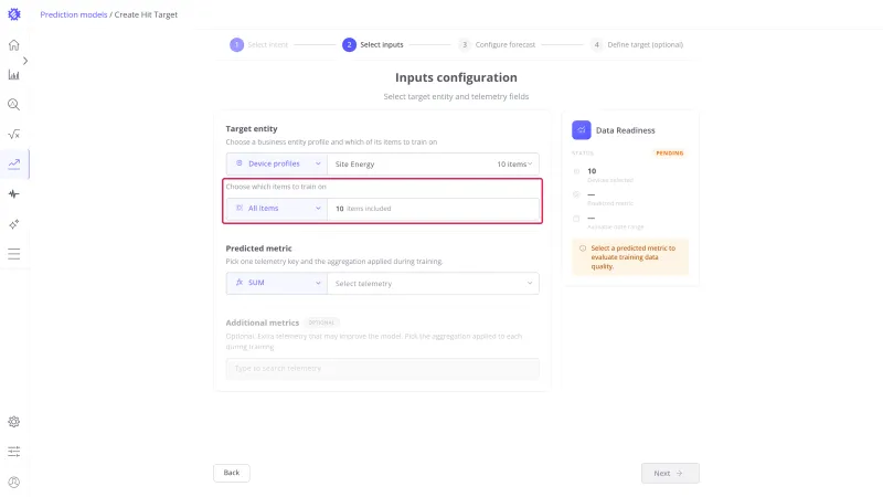Inputs configuration step with All items selected and ten items included