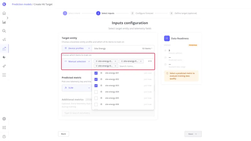 Inputs configuration step with Manual selection highlighted and site-energy-001, site-energy-002, and site-energy-003 checked in the item list and shown as chips