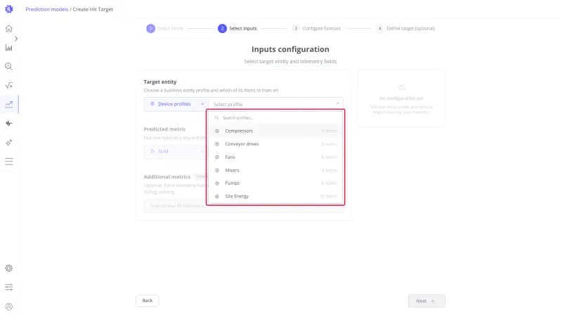 Inputs configuration step with the profile dropdown open listing every profile and its item count