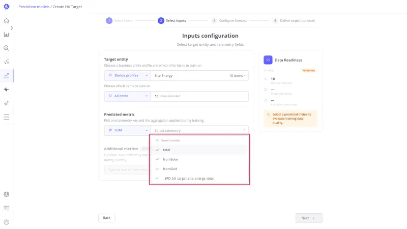 Telemetry key dropdown open listing the numeric keys of the profile
