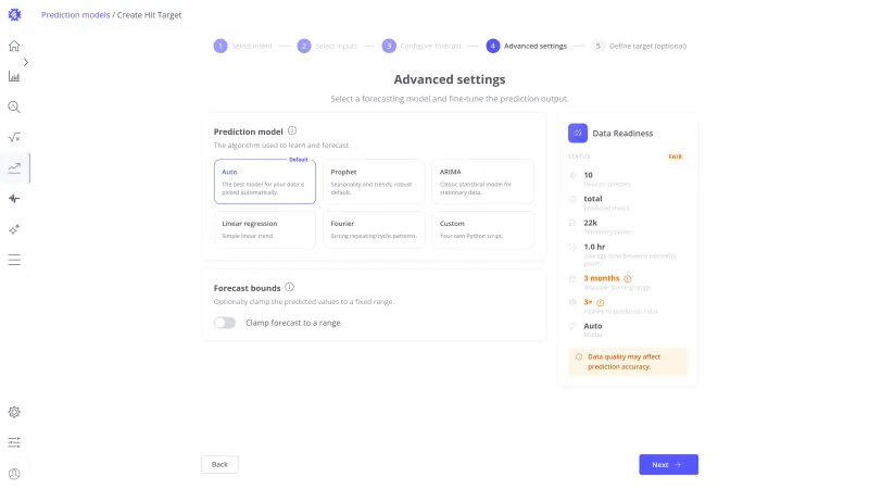 Advanced settings step with the prediction model cards Auto, Prophet, ARIMA, Linear regression, Fourier, and Custom, and the Forecast bounds switch