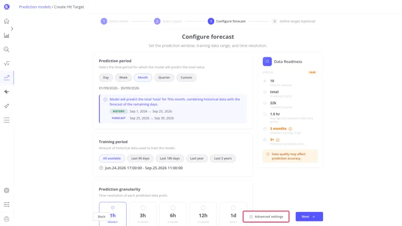 Configure forecast step with the Advanced settings button highlighted