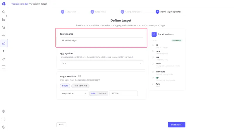 Define target step with the target name Monthly budget, the Sum aggregation, and a drops below 300000 condition
