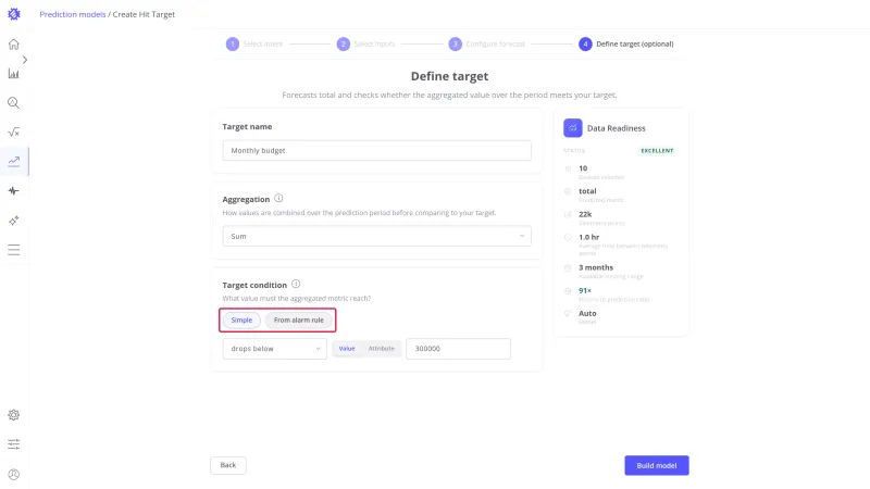 Target condition with the Simple and From alarm rule modes highlighted