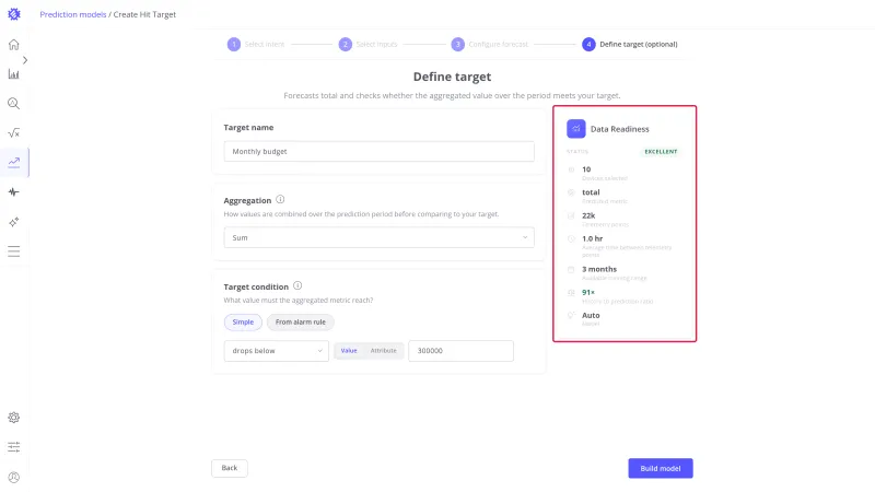 Define target step with the Data Readiness panel highlighted