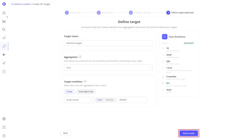 Define target step with the Build model button highlighted