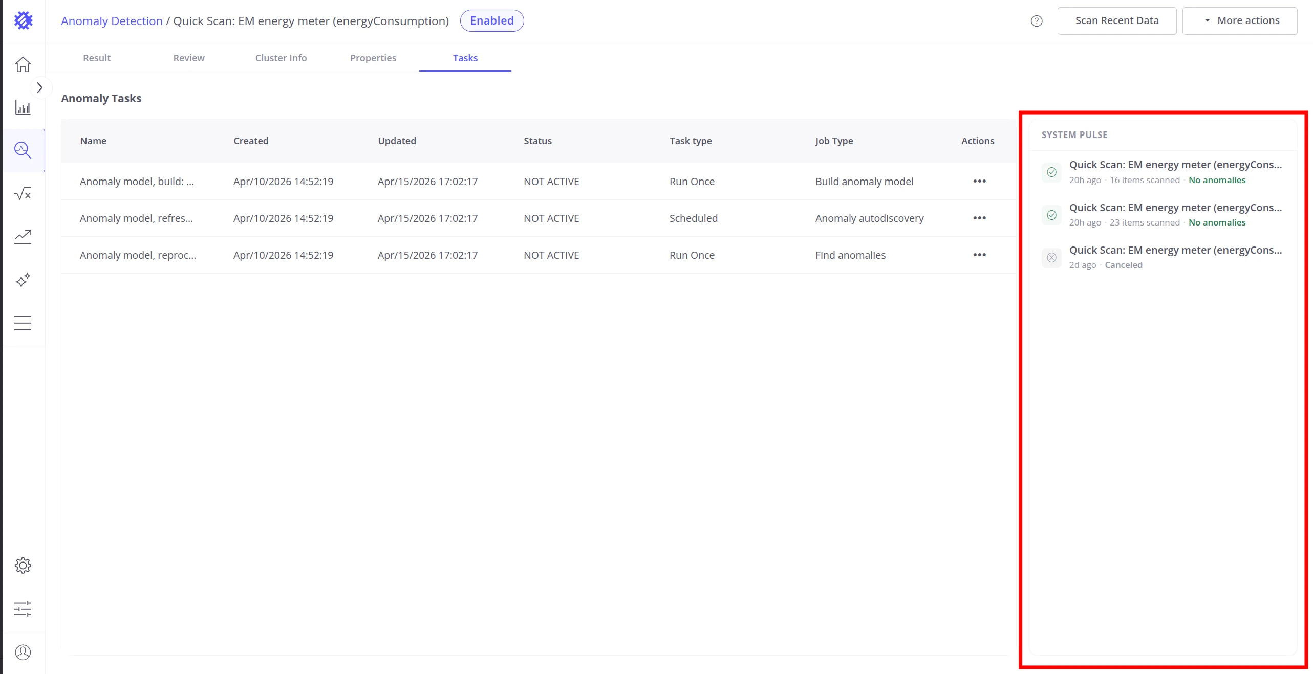 Tasks tab with System Pulse panel highlighted showing recent scan executions with color-coded status indicators