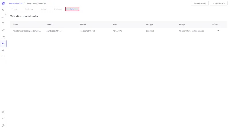 Tasks tab of the Conveyor drives vibration model with the Tasks tab name highlighted and one scheduled task: Vibration analyze samples, status Not active, job type Vibration Model, analyze samples