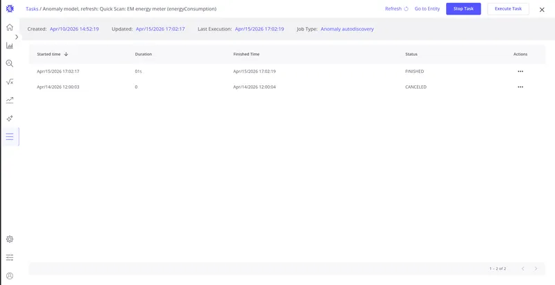 Standalone task detail page showing task metadata and execution history for an Anomaly autodiscovery task