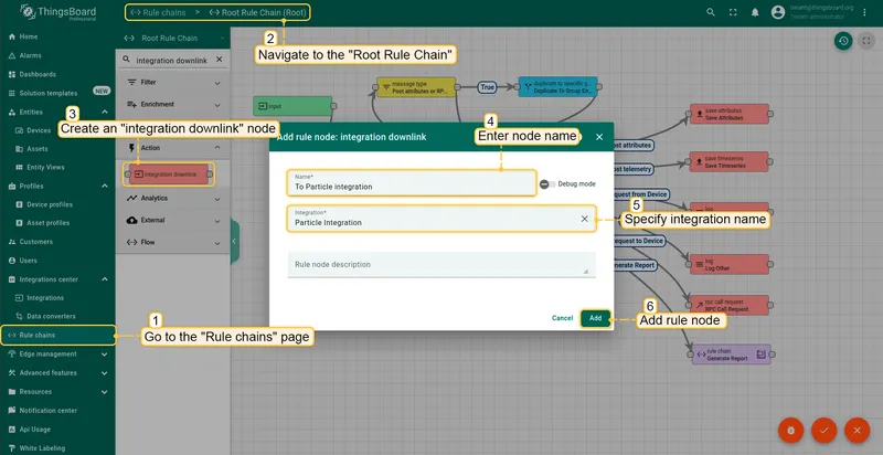 Root Rule Chain editor — Add rule node integration downlink dialog open: Name To Particle integration, Integration Particle integration selected