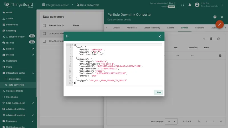 ThingsBoard — In dialog showing the raw RPC message passed into the downlink converter: msg with method setOutput and params "on", metadata, and msgType RPC_CALL_FROM_SERVER_TO_DEVICE