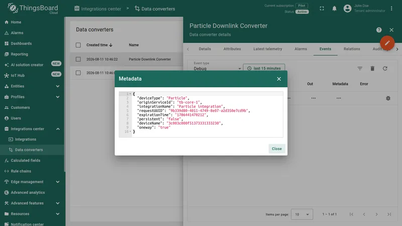 ThingsBoard — Metadata dialog showing deviceType, integrationName, requestUUID, and deviceName for the downlink event