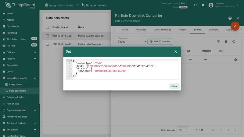 ThingsBoard — Out dialog showing the encoded contentType JSON, data string with method and params, and metadata deviceId produced by the converter