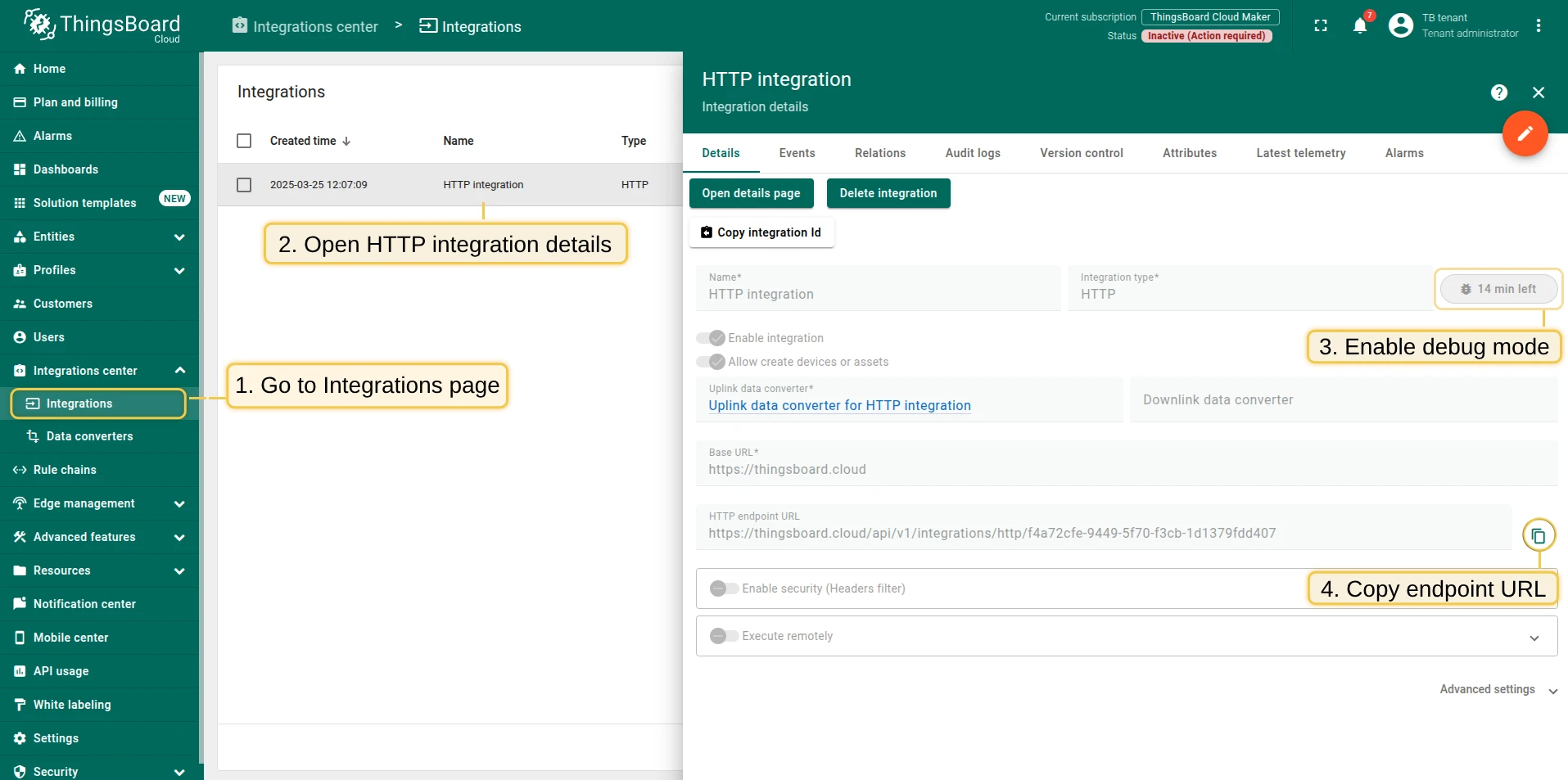 Copy HTTP endpoint URL from ThingsBoard Cloud integration details