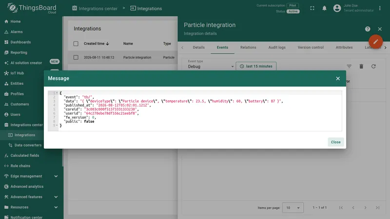 ThingsBoard — Message dialog showing the raw Particle webhook payload: event, data, published_at, coreid, userid, fw_version, and public fields